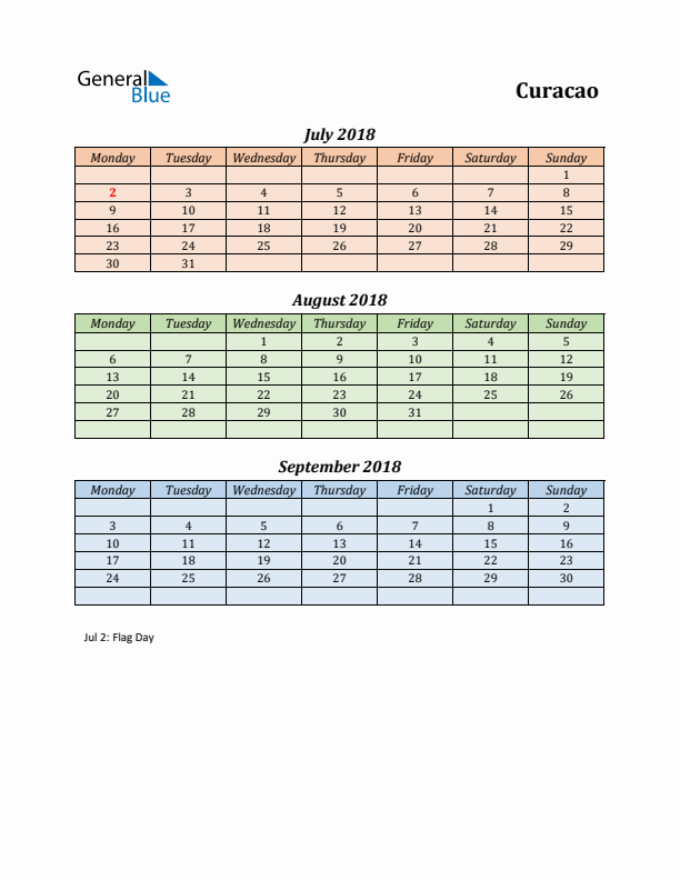 Q3 2018 Holiday Calendar - Curacao