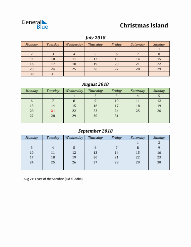 Q3 2018 Holiday Calendar - Christmas Island