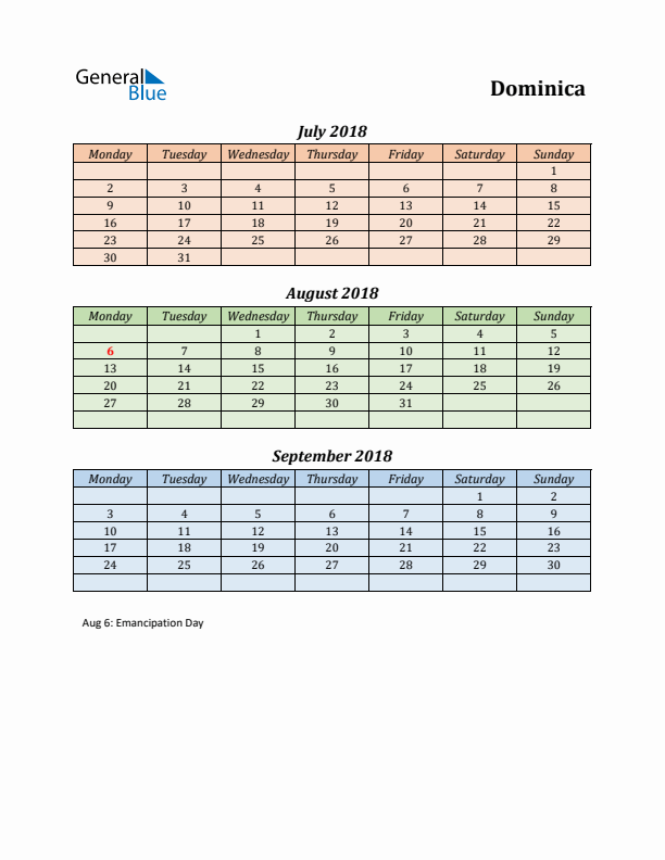 Q3 2018 Holiday Calendar - Dominica