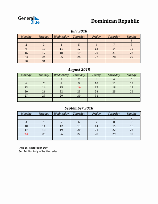 Q3 2018 Holiday Calendar - Dominican Republic