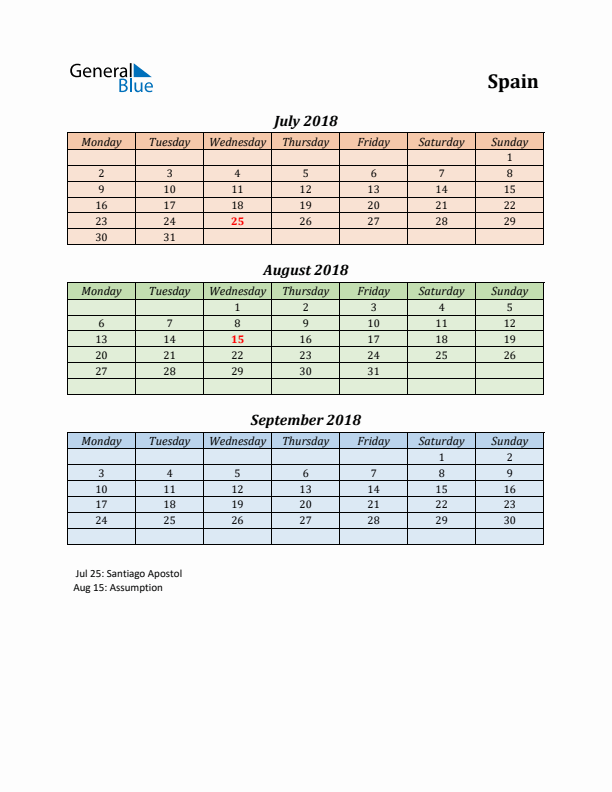 Q3 2018 Holiday Calendar - Spain