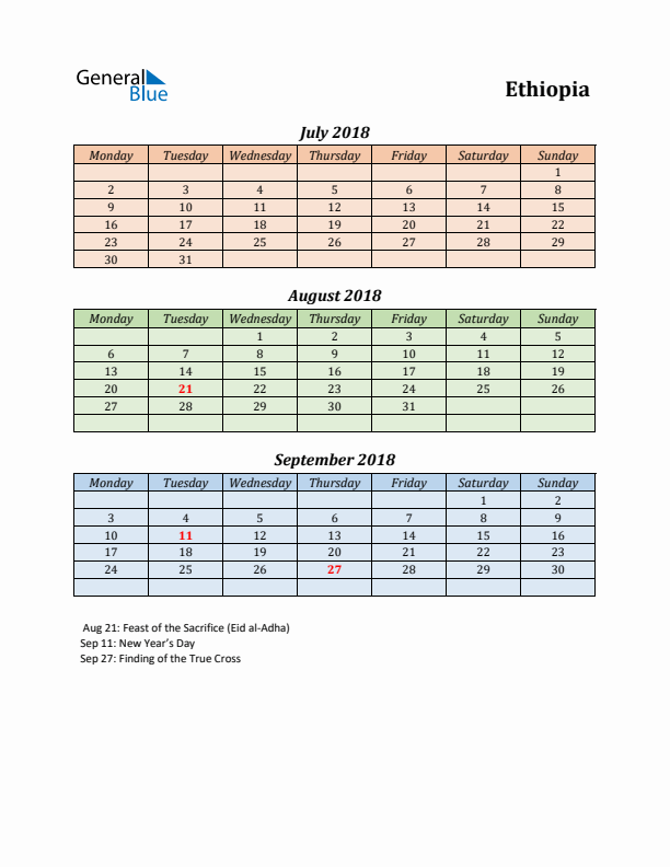 Q3 2018 Holiday Calendar - Ethiopia