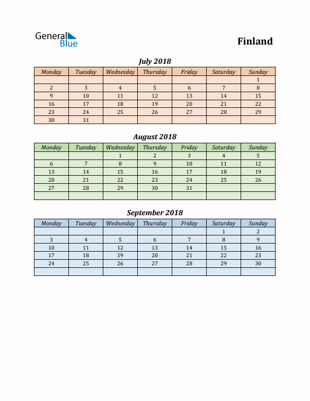 Q3 2018 Holiday Calendar - Finland