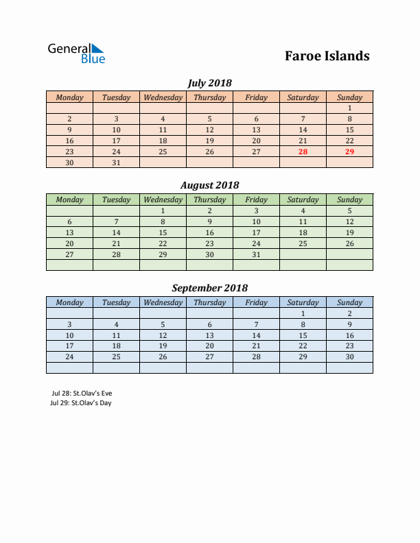 Q3 2018 Holiday Calendar - Faroe Islands