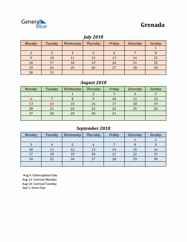 Q3 2018 Holiday Calendar - Grenada