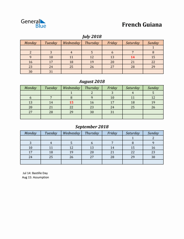 Q3 2018 Holiday Calendar - French Guiana