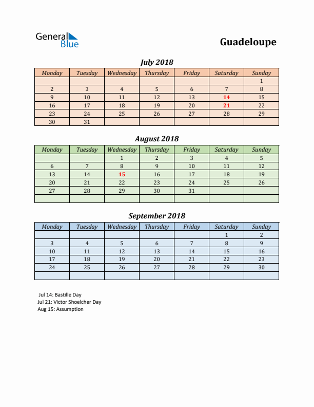 Q3 2018 Holiday Calendar - Guadeloupe