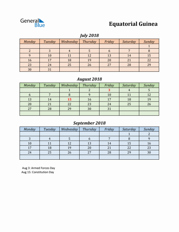 Q3 2018 Holiday Calendar - Equatorial Guinea