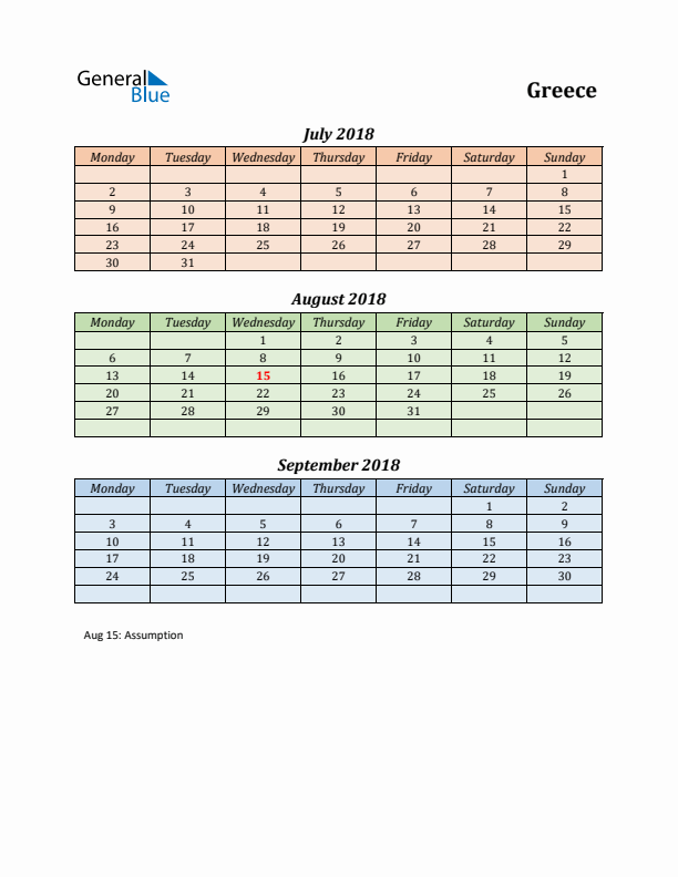 Q3 2018 Holiday Calendar - Greece