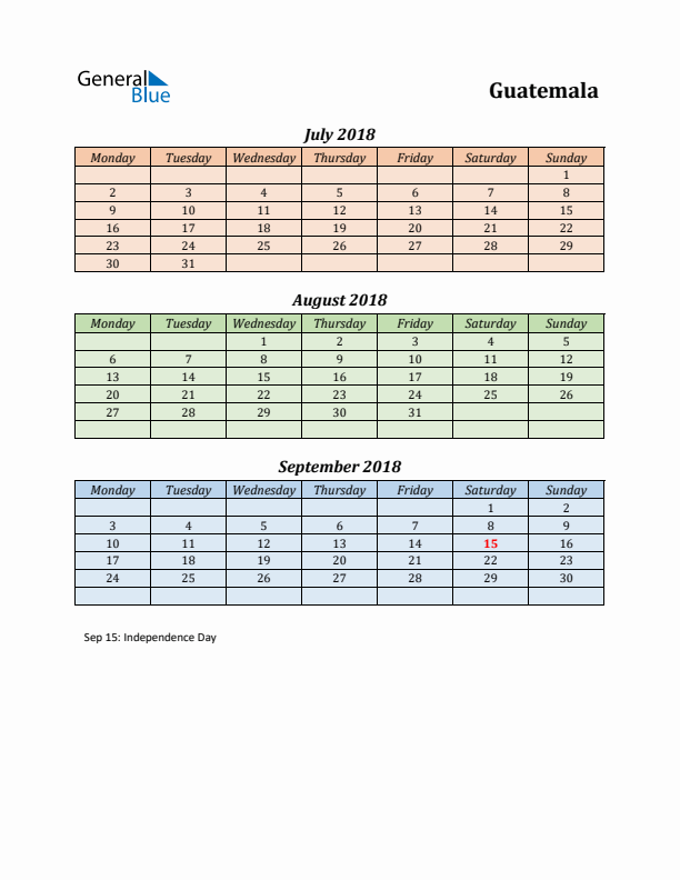 Q3 2018 Holiday Calendar - Guatemala