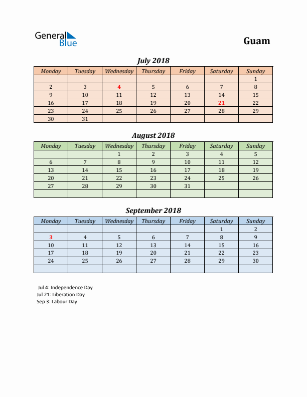 Q3 2018 Holiday Calendar - Guam