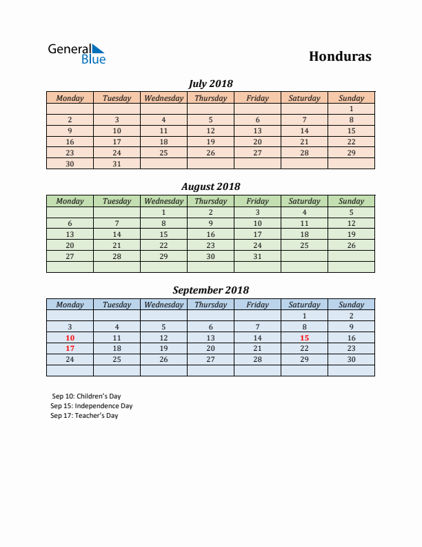 Q3 2018 Holiday Calendar - Honduras