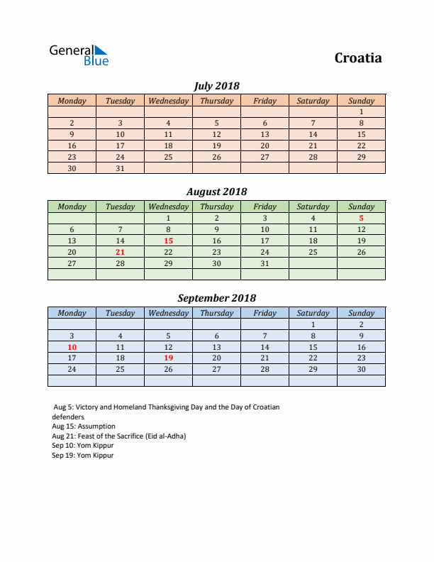 Q3 2018 Holiday Calendar - Croatia