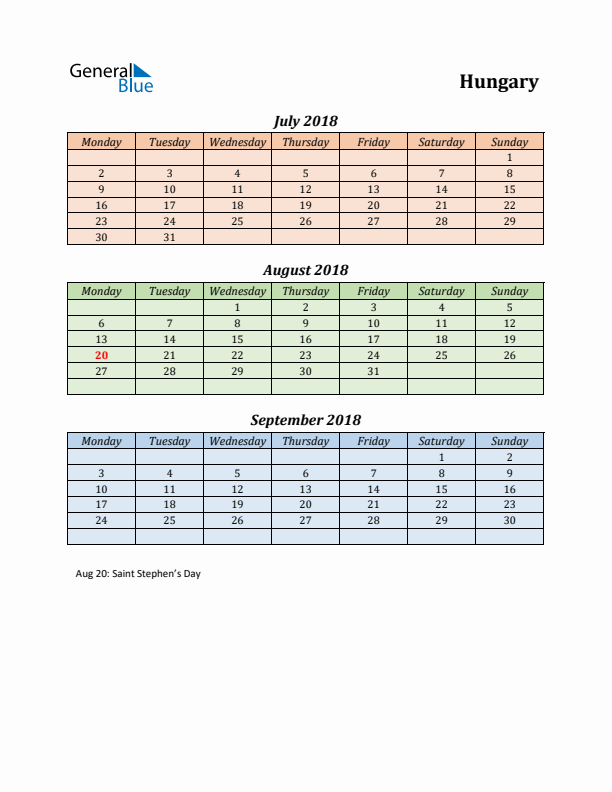 Q3 2018 Holiday Calendar - Hungary