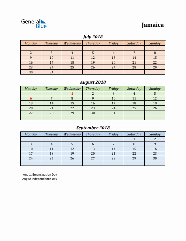 Q3 2018 Holiday Calendar - Jamaica