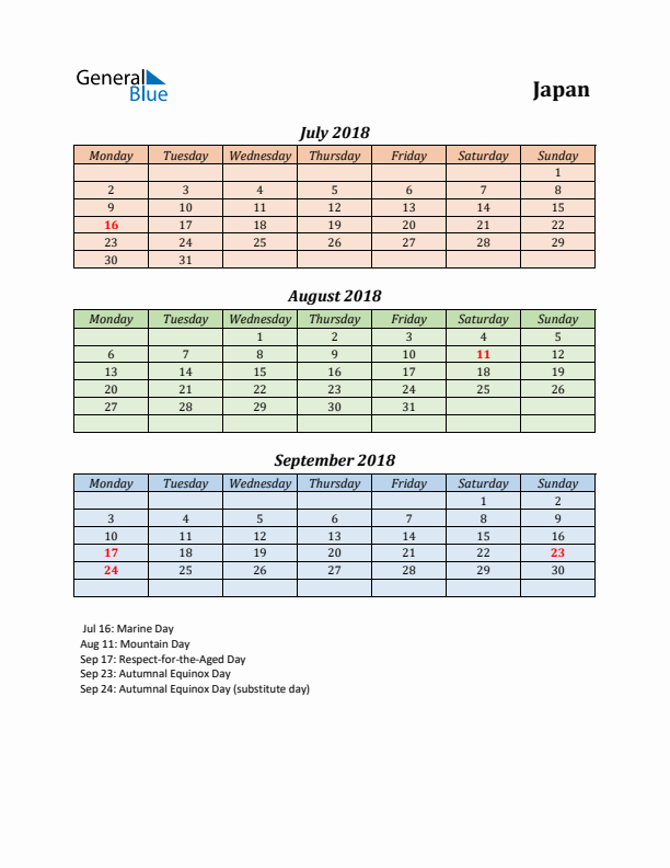 Q3 2018 Holiday Calendar - Japan