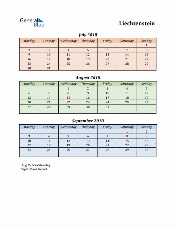 Q3 2018 Holiday Calendar - Liechtenstein