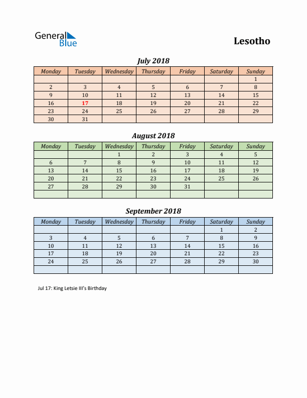 Q3 2018 Holiday Calendar - Lesotho