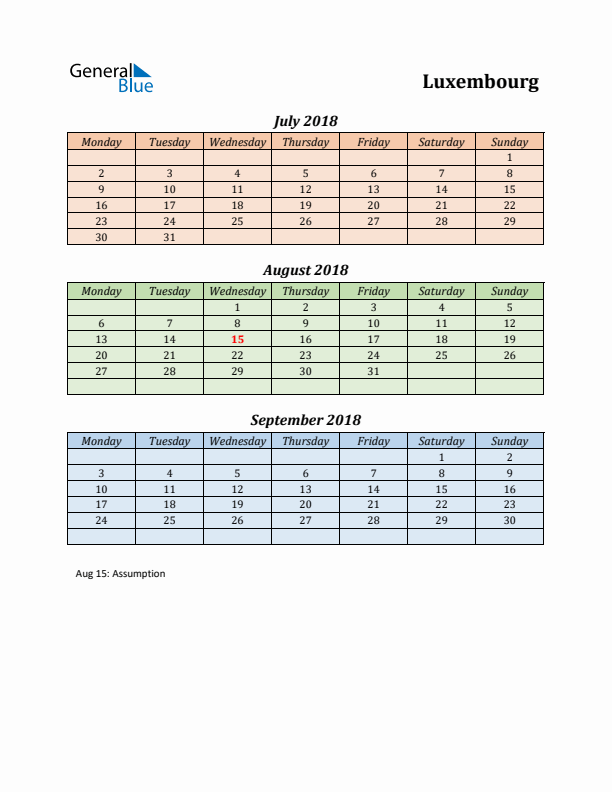 Q3 2018 Holiday Calendar - Luxembourg