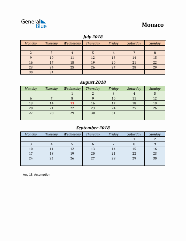 Q3 2018 Holiday Calendar - Monaco