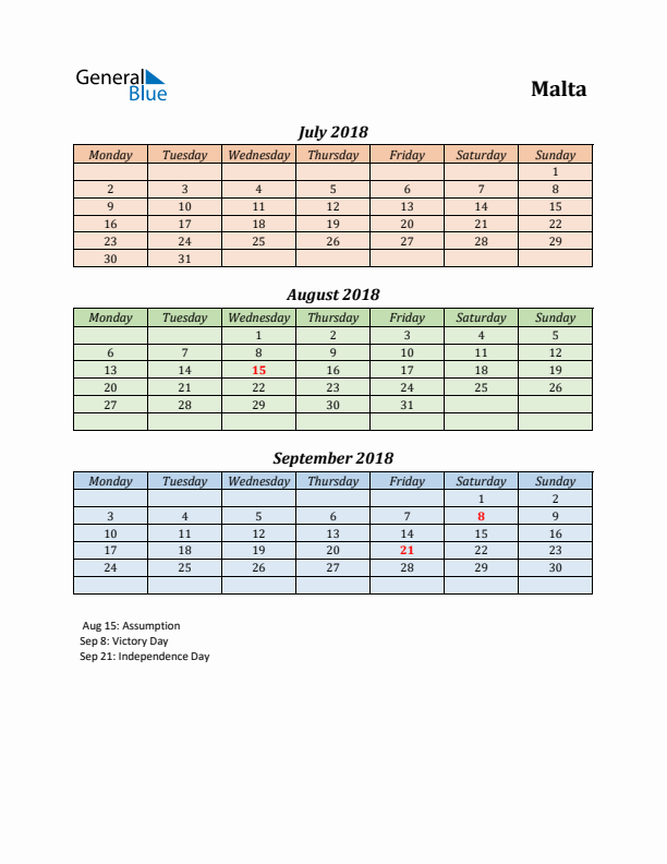 Q3 2018 Holiday Calendar - Malta