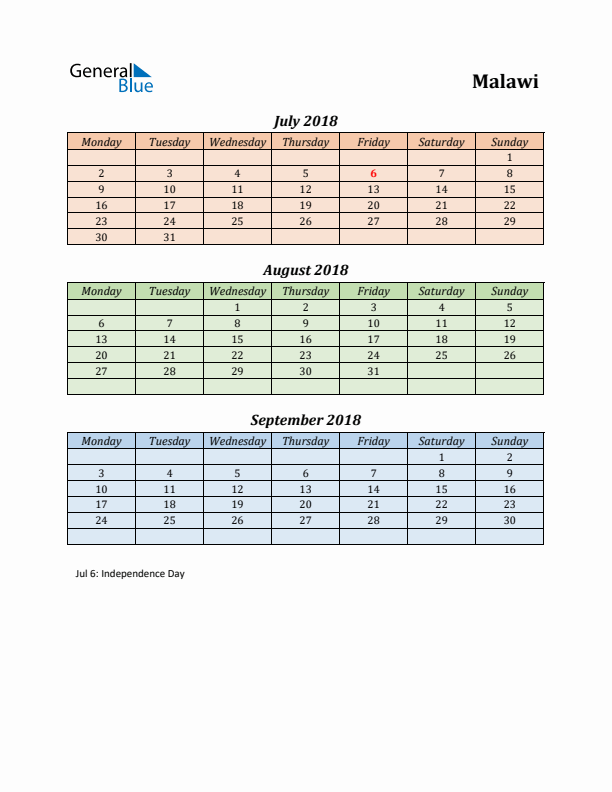 Q3 2018 Holiday Calendar - Malawi