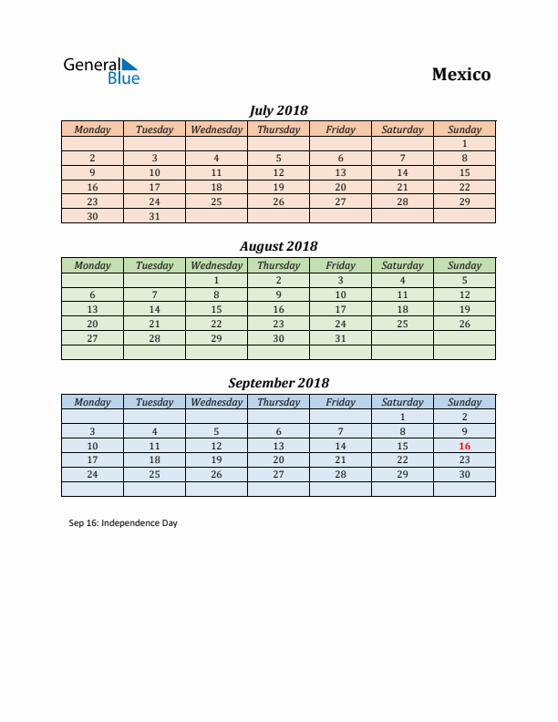 Q3 2018 Holiday Calendar - Mexico