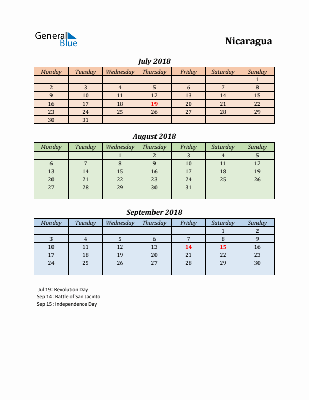 Q3 2018 Holiday Calendar - Nicaragua