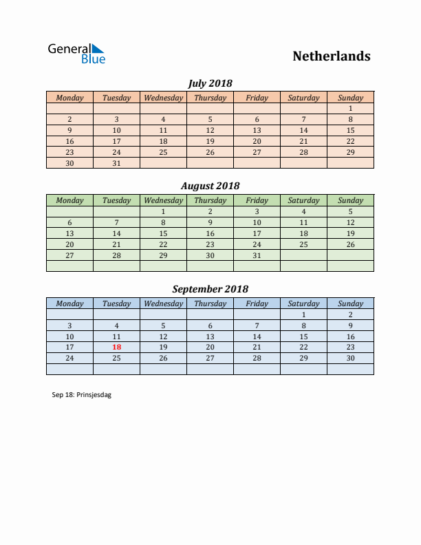 Q3 2018 Holiday Calendar - The Netherlands