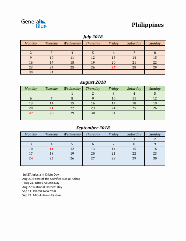 Q3 2018 Holiday Calendar - Philippines