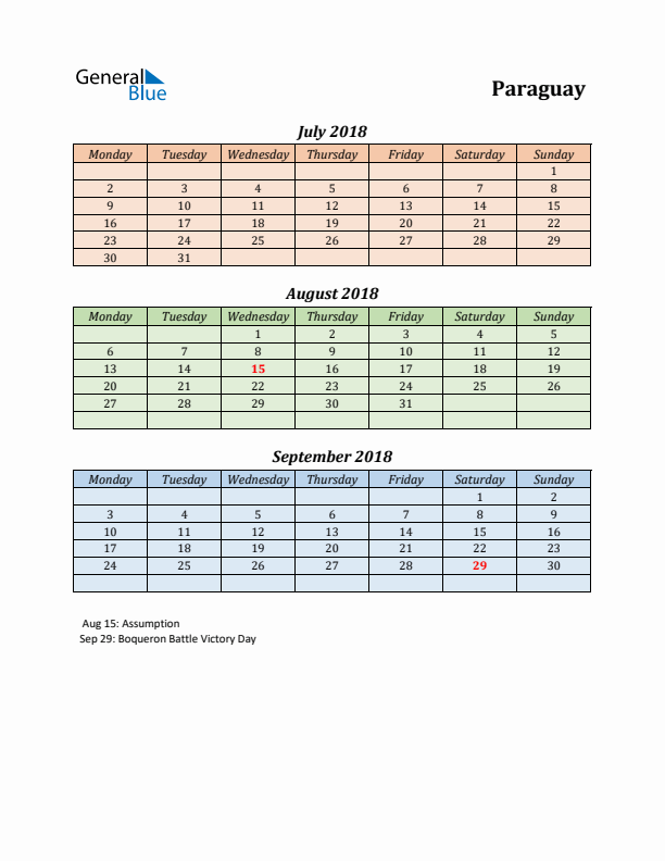 Q3 2018 Holiday Calendar - Paraguay