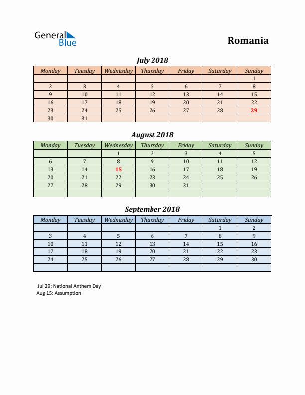 Q3 2018 Holiday Calendar - Romania