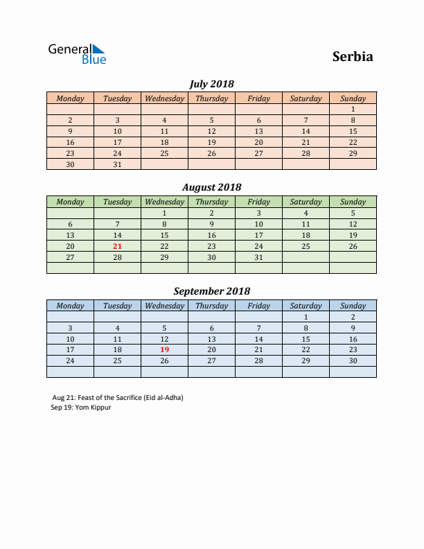 Q3 2018 Holiday Calendar - Serbia