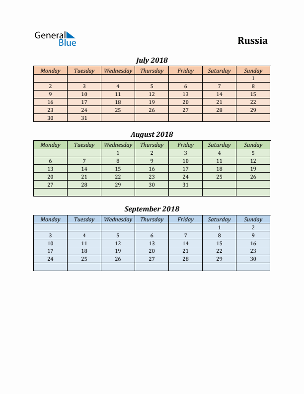 Q3 2018 Holiday Calendar - Russia