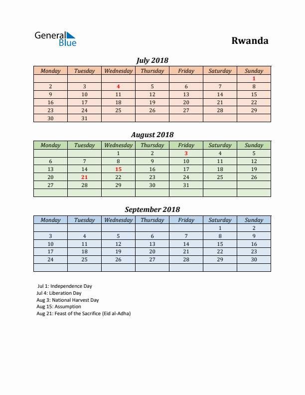 Q3 2018 Holiday Calendar - Rwanda