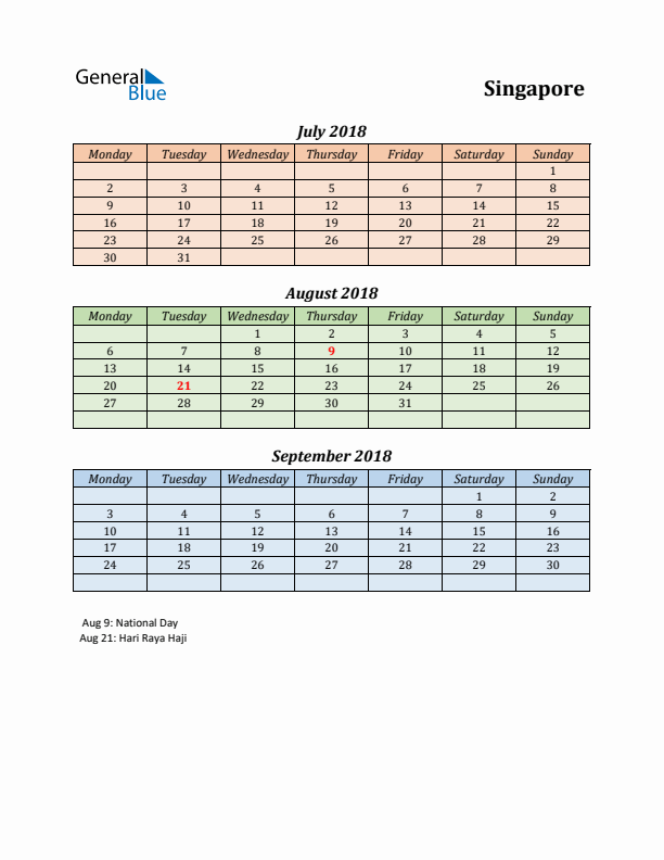 Q3 2018 Holiday Calendar - Singapore