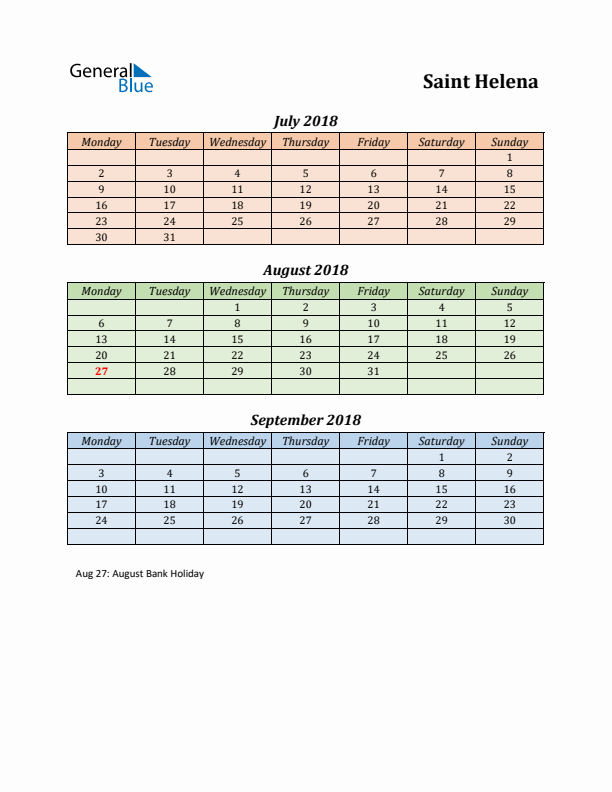 Q3 2018 Holiday Calendar - Saint Helena