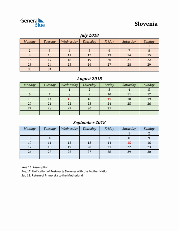 Q3 2018 Holiday Calendar - Slovenia