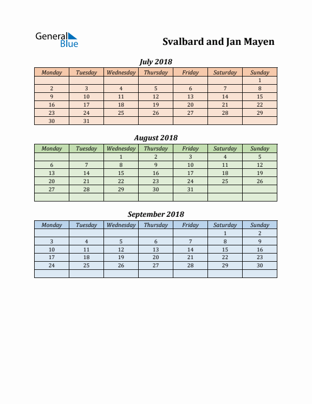 Q3 2018 Holiday Calendar - Svalbard and Jan Mayen