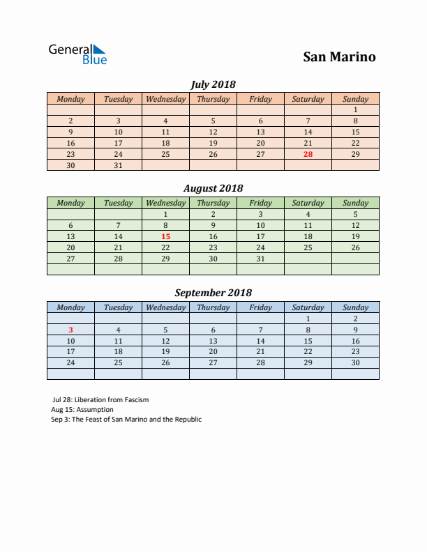 Q3 2018 Holiday Calendar - San Marino