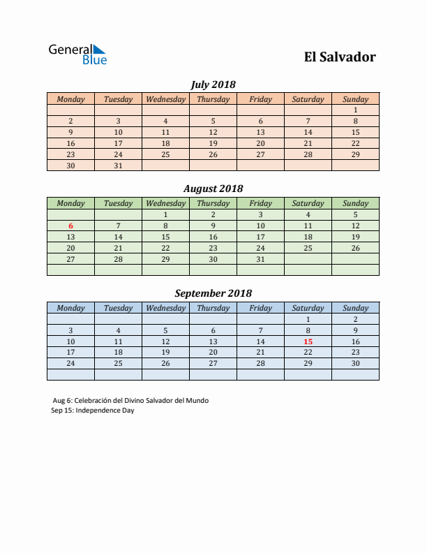 Q3 2018 Holiday Calendar - El Salvador