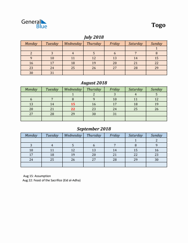 Q3 2018 Holiday Calendar - Togo