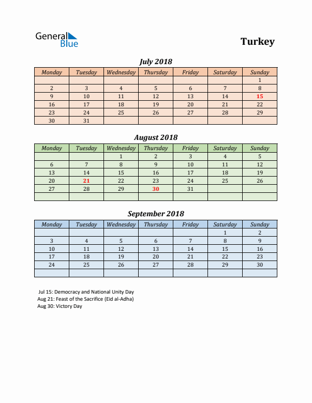 Q3 2018 Holiday Calendar - Turkey