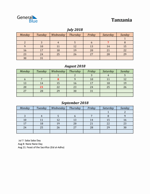 Q3 2018 Holiday Calendar - Tanzania