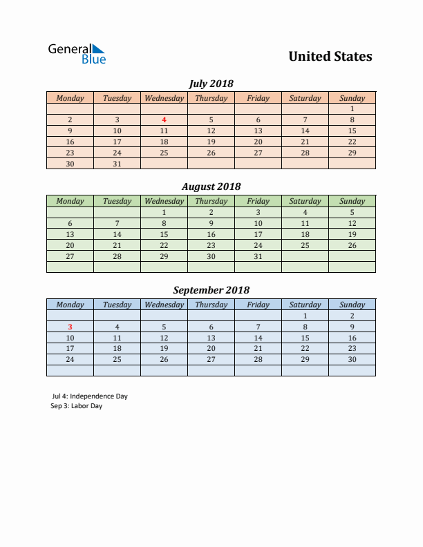 Q3 2018 Holiday Calendar - United States