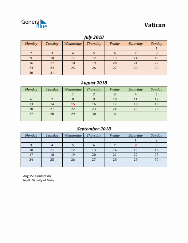 Q3 2018 Holiday Calendar - Vatican