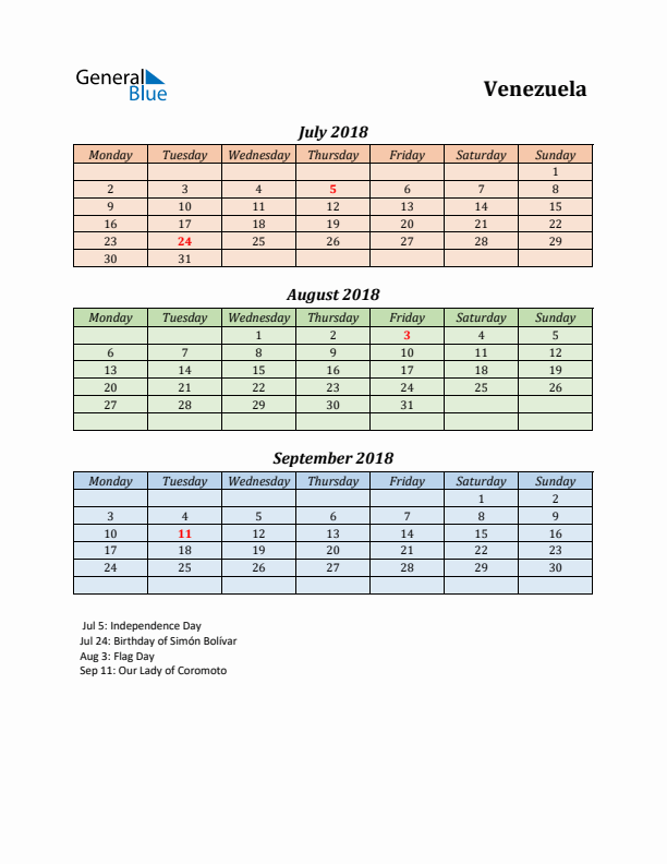 Q3 2018 Holiday Calendar - Venezuela