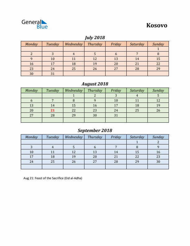 Q3 2018 Holiday Calendar - Kosovo