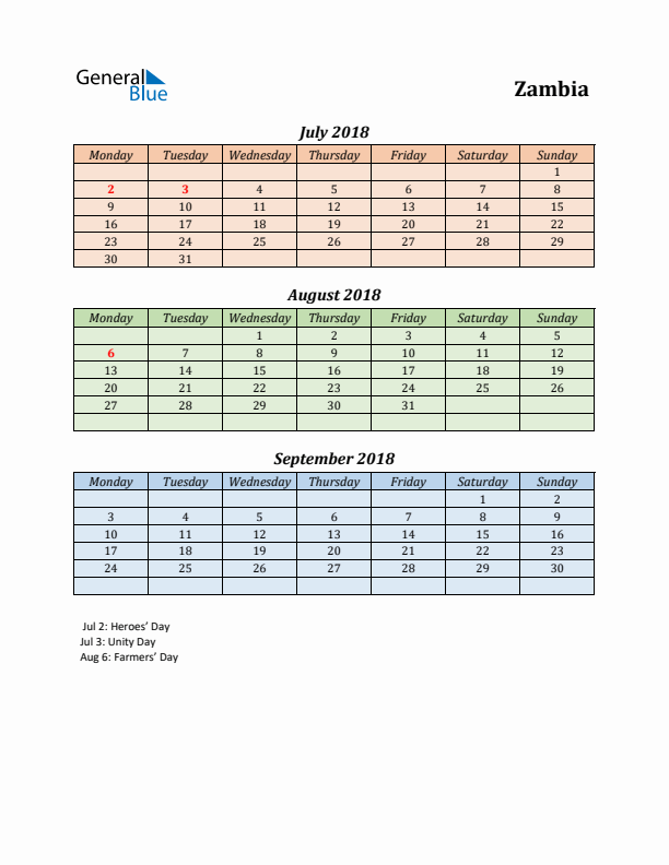 Q3 2018 Holiday Calendar - Zambia