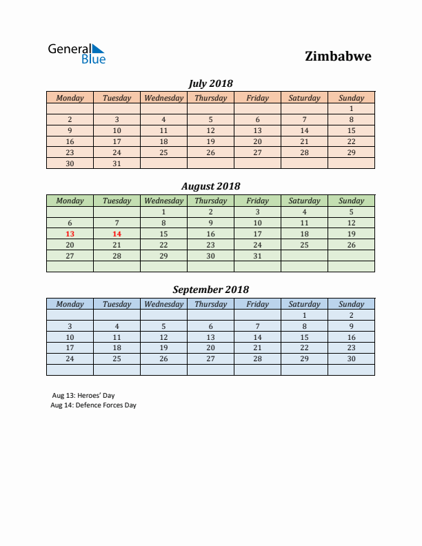 Q3 2018 Holiday Calendar - Zimbabwe